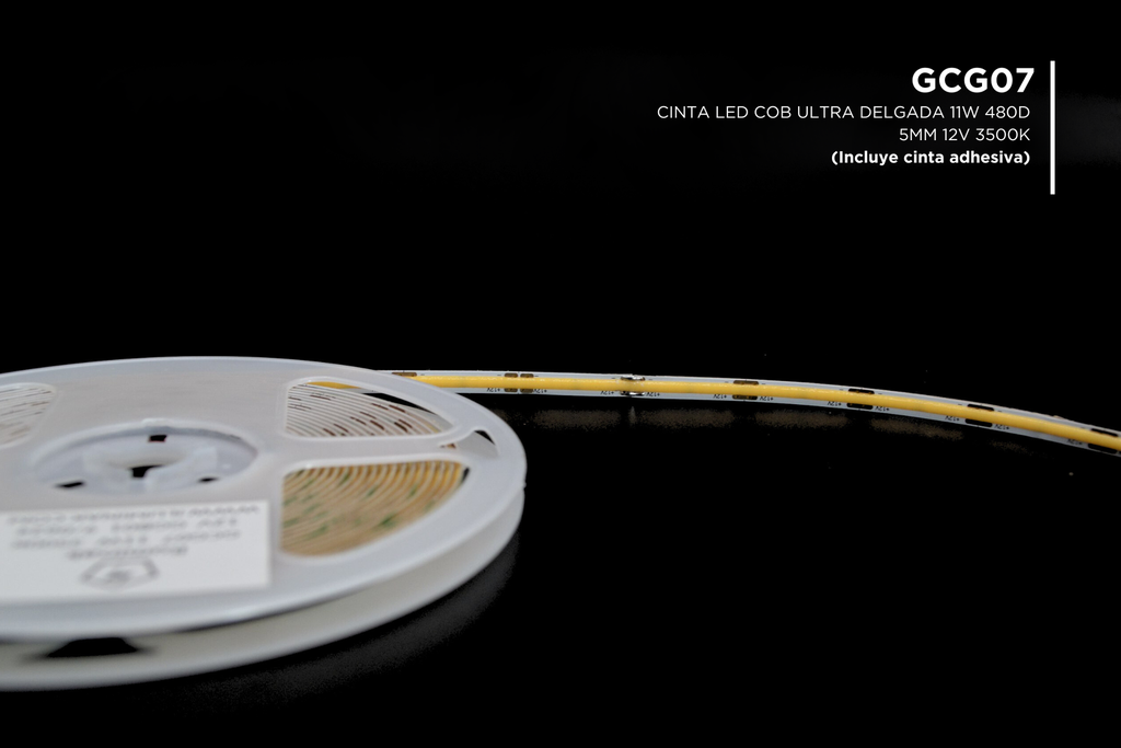 Cinta Led COB ULTRA DELGADA 12V 11W 480D 3500K 5MMx5M 